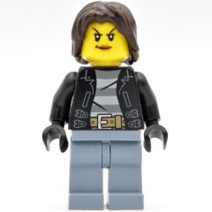 Minifigurka LEGO Criminal Monica Million, Woman, Open Black Jacket over Prison Shirt, Dark Brown Hair