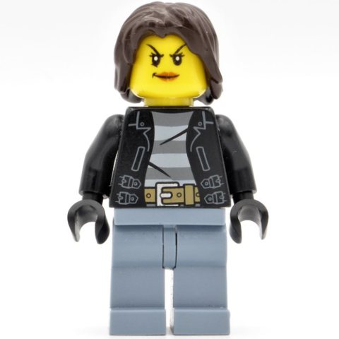 Minifigurka LEGO Criminal Monica Million, Woman, Open Black Jacket over Prison Shirt, Dark Brown Hair