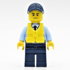 Minifigurka LEGO Policeman, Bright Light Blue Jacket with Zipper, Radio, Badge, and Tie, Dark Blue Legs, Dark Blue Cap, Yellow Life Vest