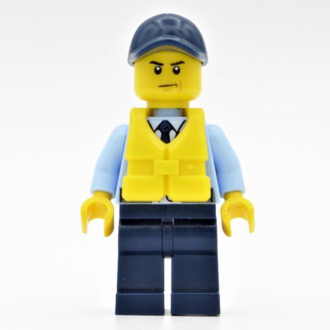 Minifigurka LEGO Policeman, Bright Light Blue Jacket with Zipper, Radio, Badge, and Tie, Dark Blue Legs, Dark Blue Cap, Yellow Life Vest