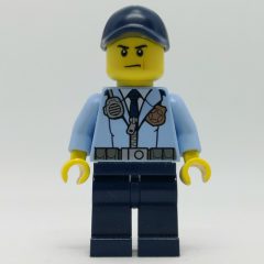 Minifigurka LEGO Policeman, Bright Light Blue Jacket with Zipper, Radio, Badge, and Tie, Dark Blue Legs, Dark Blue Cap