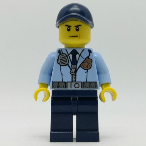 Minifigurka LEGO Policeman, Bright Light Blue Jacket with Zipper, Radio, Badge, and Tie, Dark Blue Legs, Dark Blue Cap
