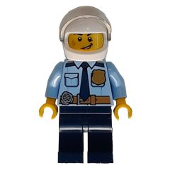 Minifigurka LEGO Policeman, Bright Light Blue Shirt with Dark Blue Tie, Badge, and Radio on Belt, White Helmet with Visor, Scar