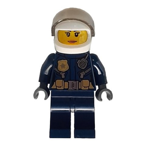Minifigurka LEGO Policewoman, Dark Blue Jacket with Radio, Badge, and Belt with Pouches, White Helmet with Trans-Brown Visor