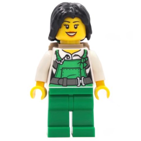 Minifigurka LEGO Criminal, Woman, Green Overalls over Prison Shirt, Black Hair, Backpack