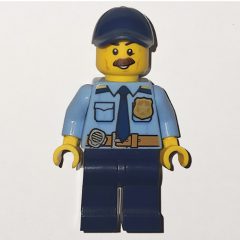Minifigurka LEGO Policeman, Bright Light Blue Shirt with Dark Blue Tie, Badge, and Radio on Belt, Dark Blue Cap, Moustache