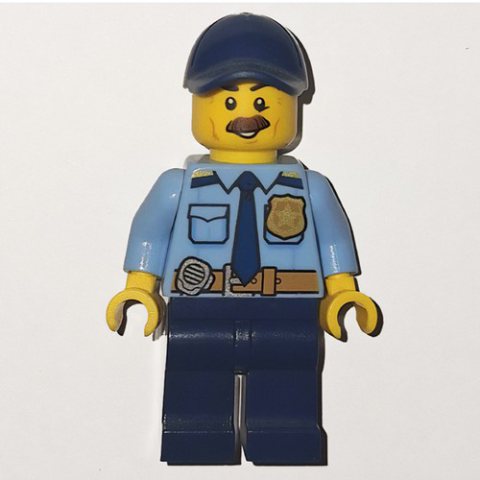 Minifigurka LEGO Policeman, Bright Light Blue Shirt with Dark Blue Tie, Badge, and Radio on Belt, Dark Blue Cap, Moustache