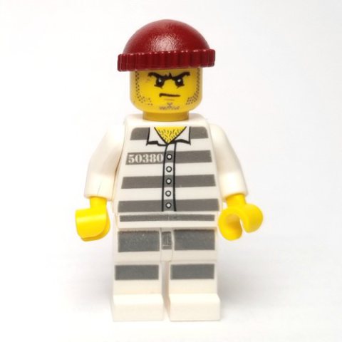 Minifigurka LEGO Criminal, Prison Shirt with #50380, Dark Red Hat