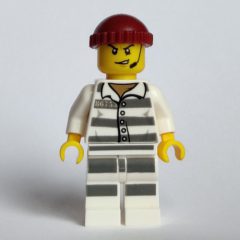 Minifigurka LEGO Criminal, Prison Shirt with #86753, Dark Red Hat, Headset