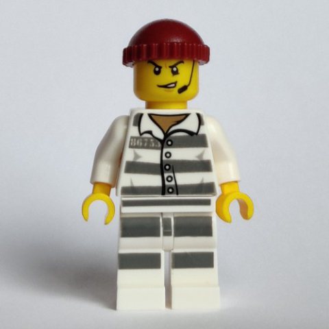 Minifigurka LEGO Criminal, Prison Shirt with #86753, Dark Red Hat, Headset