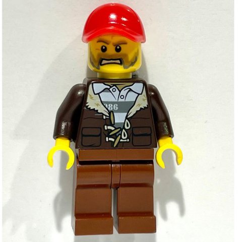 Minifigurka LEGO Criminal, Open Dark Brown Jacket over Prison Shirt, Red Cap, Beard