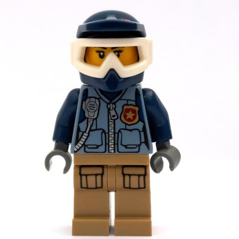 Minifigurka LEGO Policewoman, Sand Blue Vest with Zipper, Radio, Badge and Pouches, Tan Legs, Dark Blue Dirt Bike Helmet with Goggles