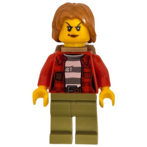Minifigurka LEGO Criminal, Woman, Open Red Flannel Shirt over Prison Shirt, Medium Nougat Hair, Backpack