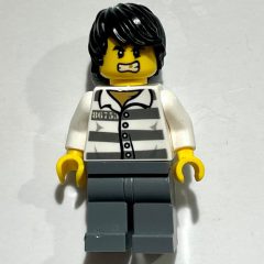 Minifigurka LEGO Criminal, Prison Shirt with #86753, Dark Bluish Gray Legs, Black Hair, Gold Tooth