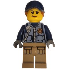 Minifigurka LEGO Policewoman, Sand Blue Vest with Zipper, Radio, Badge and Pouches, Tan Legs, Dark Blue Cap with Hair