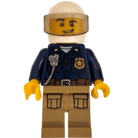 Minifigurka LEGO Policeman, Dark Blue Shirt with Radio and Badge, Dark Tan Legs, White Helmet with Visor