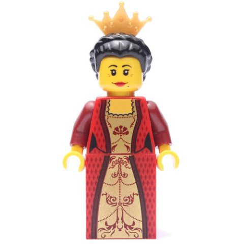 Minifigurka LEGO Queen - Red Torso, Red Slope for Legs, Black Hair