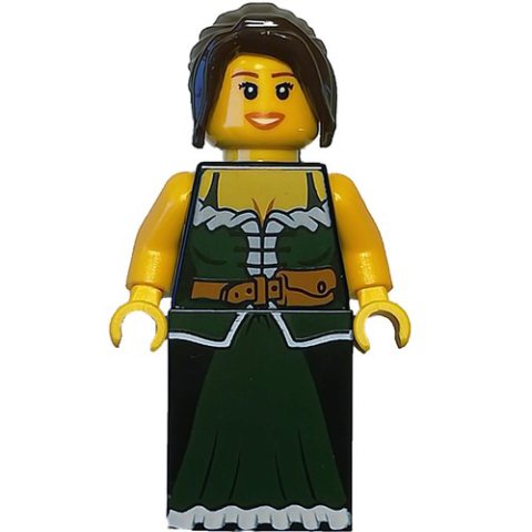 Minifigurka LEGO Barmaid - Dark Green Torso, Dark Bluish Grey Slope for Legs, Dark Brown Hair