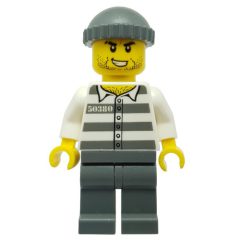 Minifigurka LEGO Criminal, Prison Shirt with #50380, Dark Bluish Gray Legs, Dark Bluish Gray Hat, Stubble