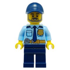 Minifigurka LEGO Policeman, Bright Light Blue Shirt with Dark Blue Tie, Badge, and Radio on Belt, Dark Blue Cap, Beard