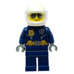 Minifigurka LEGO Policewoman, Dark Blue Jacket with Radio, Badge, and Belt with Pouches, White Helmet with Trans-Clear Visor, Sunglasses