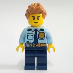 Minifigurka LEGO Policeman, Bright Light Blue Shirt with Dark Blue Tie, Badge, and Radio on Belt, Medium Nougat Spiked Hair
