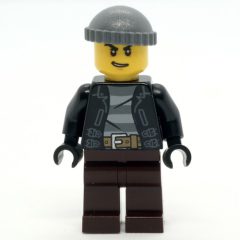 Minifigurka LEGO Criminal, Open Black Jacket over Prison Shirt, Dark Brown Legs, Dark Bluish Gray Hat