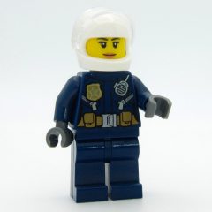 Minifigurka LEGO Policewoman, Dark Blue Jacket with Radio, Badge, and Belt with Pouches, White Helmet with Trans-Clear Visor