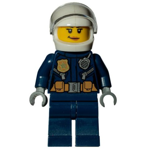 Minifigurka LEGO Policewoman, Dark Blue Jacket with Radio, Badge, and Belt with Pouches, White Helmet with Trans-Clear Visor, Smirk