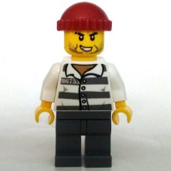 Minifigurka LEGO Criminal, Prison Shirt with #86753, Dark Bluish Gray Legs, Dark Red Hat