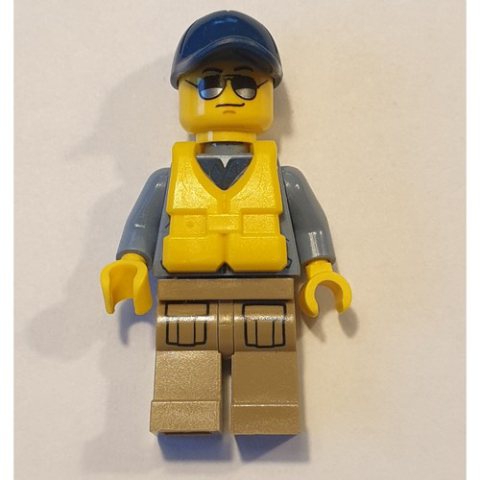 Minifigurka LEGO Policeman, Sand Blue Jacket with Pockets and 'POLICE' on Back, Dark Blue Cap, Yellow Life Vest, Sunglasses