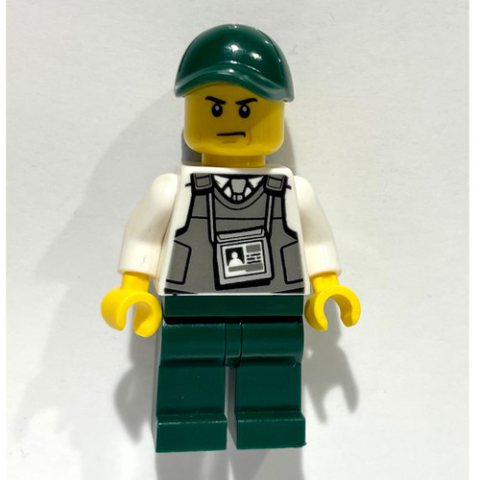 Minifigurka LEGO Security Guard, Dark Bluish Gray Vest with ID Badge, Dark Green Cap
