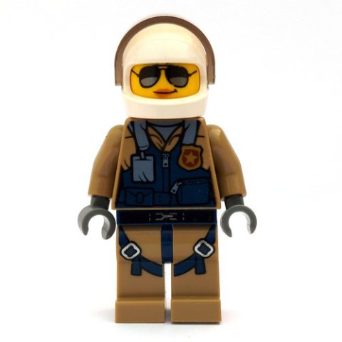 Minifigurka LEGO Policewoman, Dark Blue Vest over Dark Tan Jacket with Zipper and Badge, White Helmet with Visor, Sunglasses