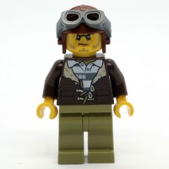 Minifigurka LEGO Criminal, Open Dark Brown Jacket over Prison Shirt, Reddish Brown Hat with Goggles