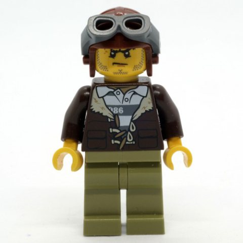 Minifigurka LEGO Criminal, Open Dark Brown Jacket over Prison Shirt, Reddish Brown Hat with Goggles