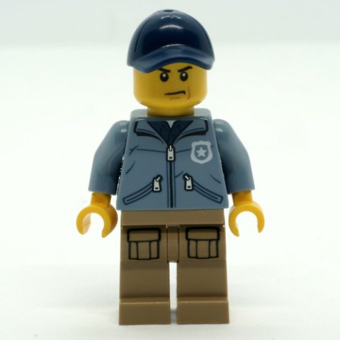 Minifigurka LEGO Policeman, Sand Blue Jacket with Pockets and 'POLICE' on Back, Dark Blue Cap