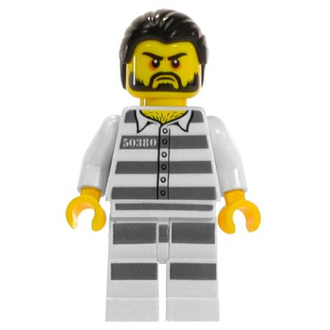 Minifigurka LEGO Criminal, Prison Shirt with #50380, White Legs with Prison Stripes, Black Hair, Beard