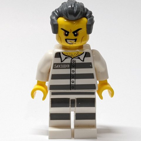 Minifigurka LEGO Criminal Tony "T" Colorado, Prison Shirt with #50380, White Legs with Prison Stripes, Dark Bluish Gray Hair