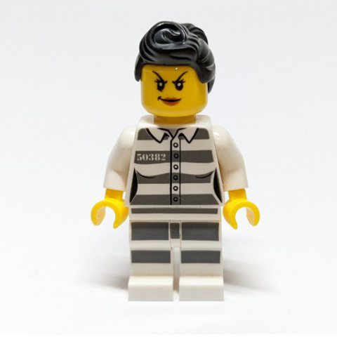Minifigurka LEGO Criminal, Woman, Prison Shirt with #50382, Black Hair