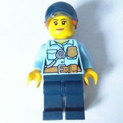 Minifigurka LEGO Policewoman, Bright Light Blue Shirt with Radio and Badge, Dark Blue Legs, Dark Blue Cap with Hair