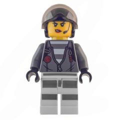 Minifigurka LEGO Criminal, Woman, Open Dark Bluish Gray Jacket with Zipper over Prison Shirt, Black Helmet with Visor