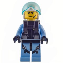 Minifigurka LEGO Policeman, Black Vest with Badge and Pouches over Bright Light Blue Shirt, White Helmet with Visor, Neck Bracket, Headset