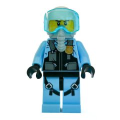 Minifigurka LEGO Policeman, Black Vest with Badge and Pouches over Bright Light Blue Shirt, White Helmet with Visor, Breathing Apparatus