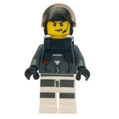 Minifigurka LEGO Criminal, Open Dark Bluish Gray Jacket with Zipper over Prison Shirt, Black Helmet with Visor, Neck Bracket, Headset