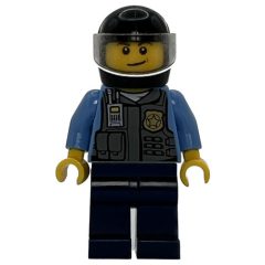 Minifigurka LEGO Policeman, Dark Bluish Gray Vest with Radio, Badge and Pouches over Medium Blue Shirt, Black Helmet with Visor
