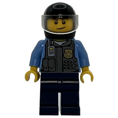 Minifigurka LEGO Policeman, Dark Bluish Gray Vest with Radio, Badge and Pouches over Medium Blue Shirt, Black Helmet with Visor