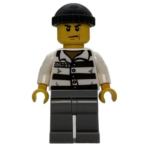 Minifigurka LEGO Criminal, Prison Shirt with #86753, Light Bluish Gray Legs, Dark Bluish Gray Hat