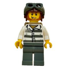 Minifigurka LEGO Criminal, Prison Shirt with #86753, Dark Bluish Gray Legs, Reddish Brown Helmet with Goggles, Dark Tan Backpack, Beard