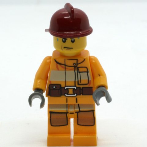 Minifigurka LEGO Fireman, Bright Light Orange Fire Suit, Dark Red Helmet, Sweat Drops