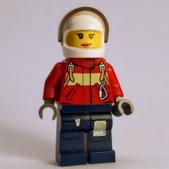 Minifigurka LEGO Firewoman, Red Jacket with Straps, Dark Blue Legs, White Helmet with Visor
